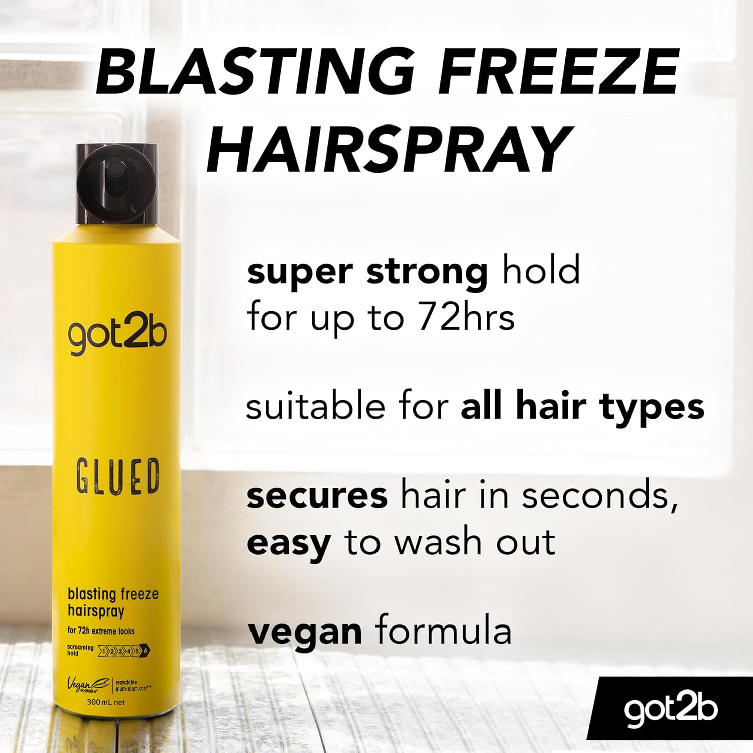 got2b Glued Blasting Freeze Hairspray 300 ml, Glued Hairspray for up to 72h Ultra Strong Hold, Hairspray got2b, For Extreme Hairstyles, Vegan Formula